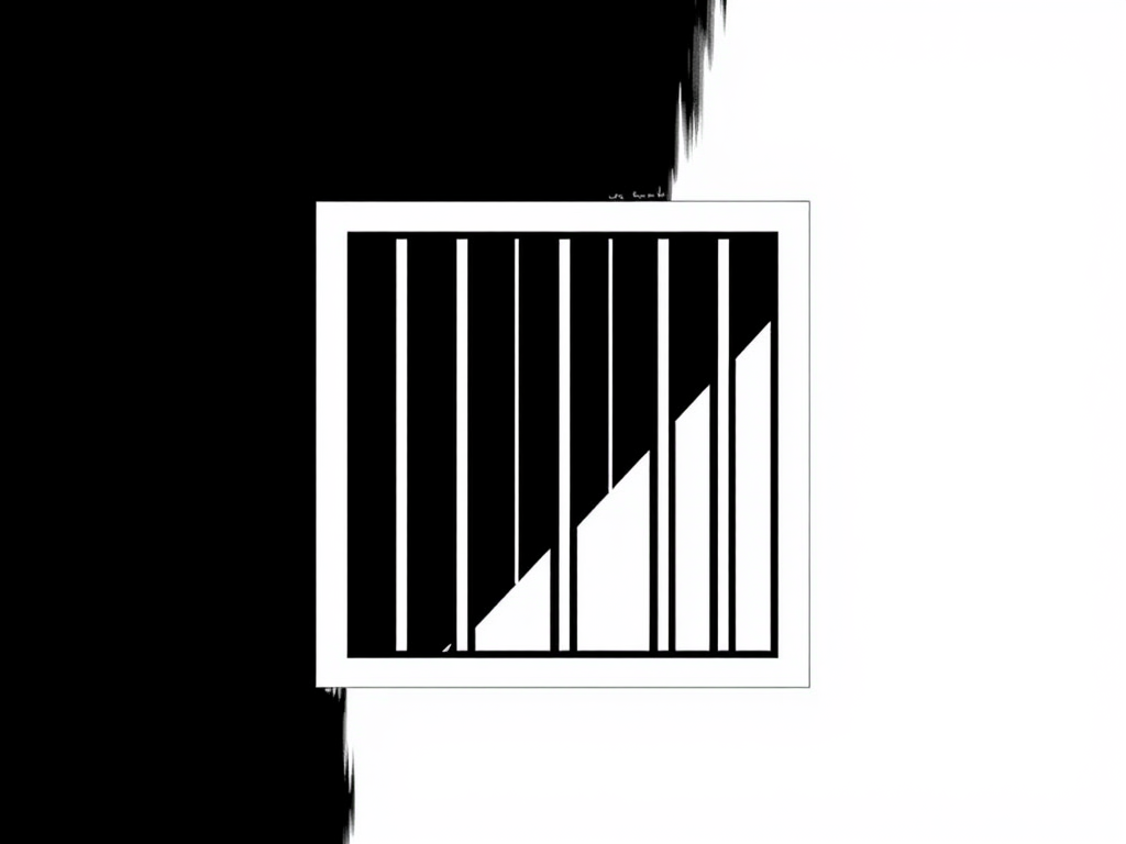 Diseño abstracto en blanco y negro con un patrón de líneas verticales dentro de un marco cuadrado.